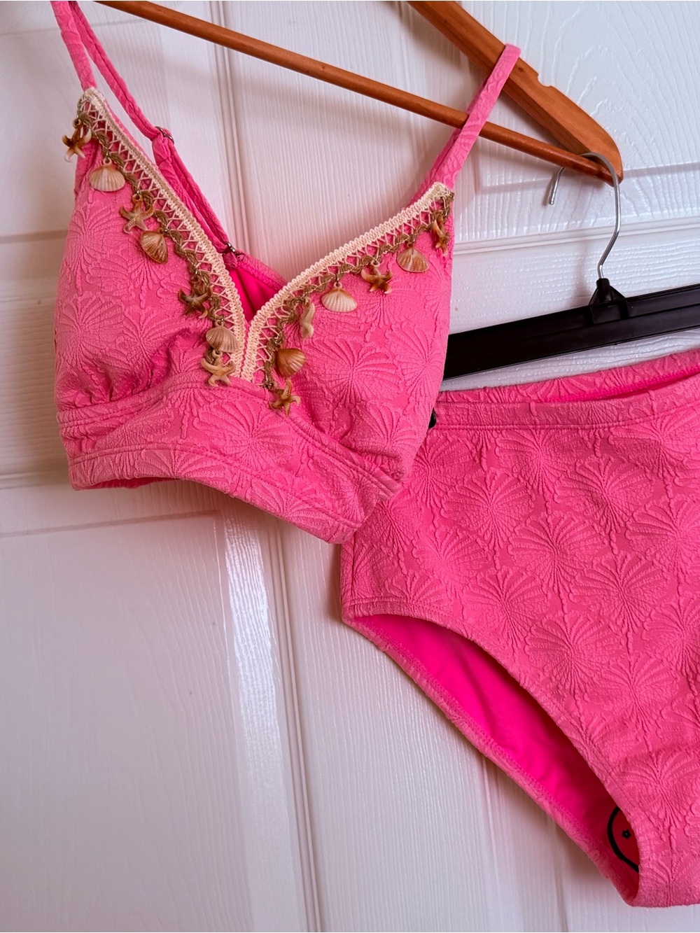 Hot Pink Embroidered Bikini Set with Shell Trim